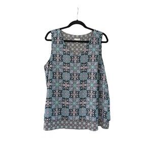 J Jill Sleeveless Layered Top Womens Size PL Blouse Blue Pink Mosaic Tile